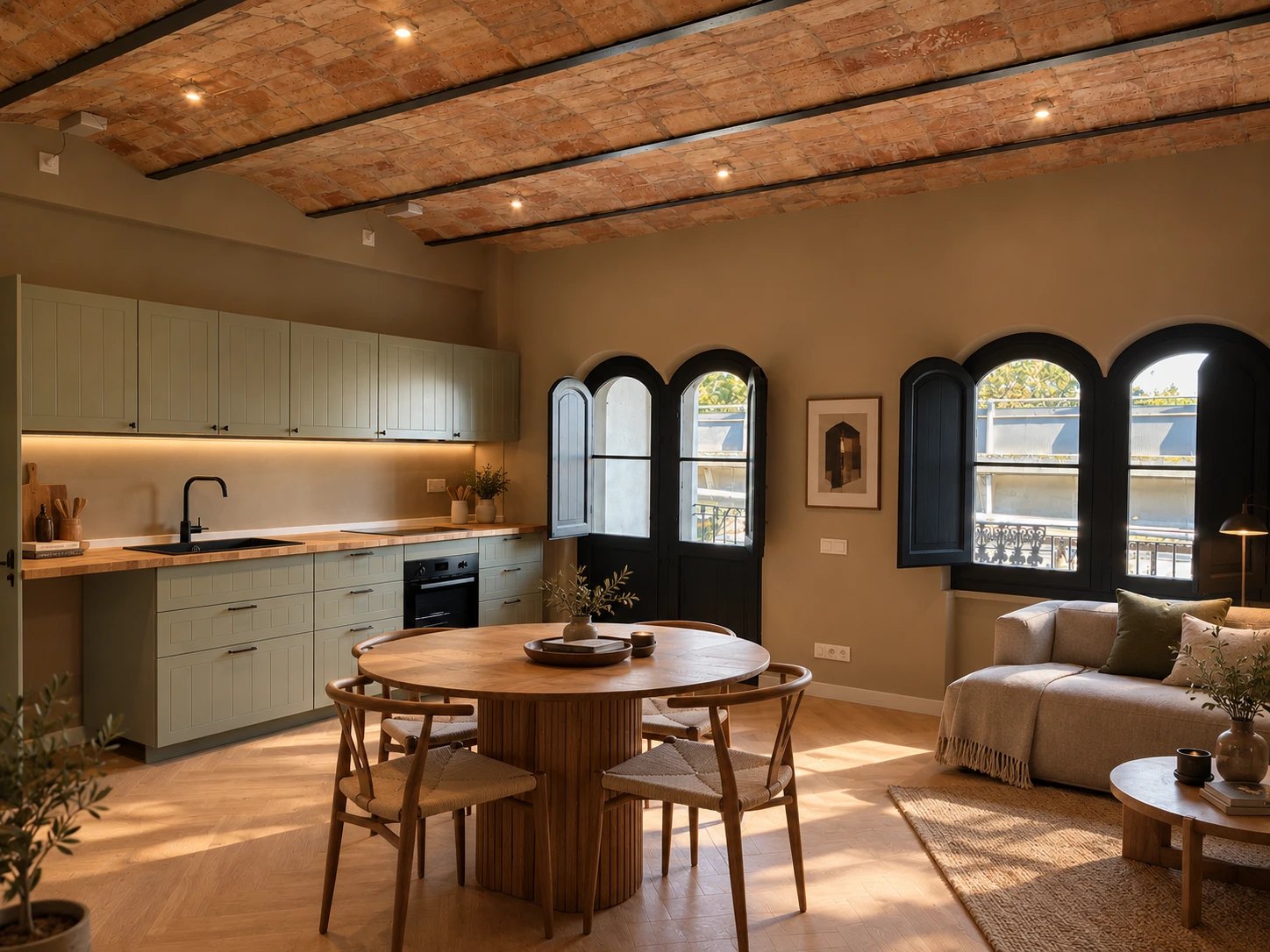 Salón y cocina de una vivienda rehabilitada, con bóveda cerámica a la vista y ventanas de arco, en la operación del Maresme